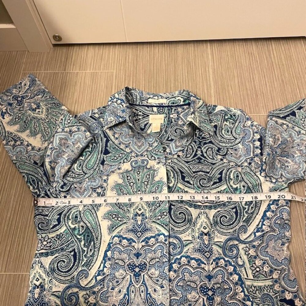 Chico's Gabrielle Paisley No-Iron Button Down Cotton Shirt Blue Green Medium - Picture 14 of 16